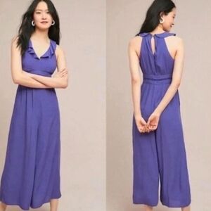 Anthropologie × Maeve Justine Blue Polka Dot Wide Leg Jumpsuit Ruffle Straps 0